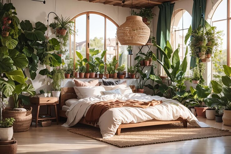 Modern boho bedroom with many plants cozy bed 