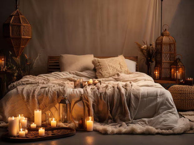 Room with boho style bed with candles next to it