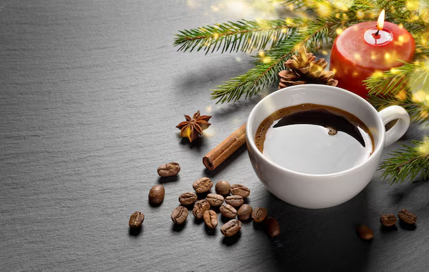 candle on table with coffee and tea