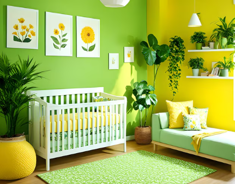 yellow and green color bedroom