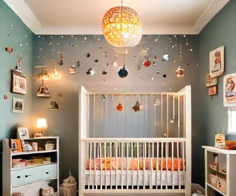 baby room with a hanging lamp and a hanging light
