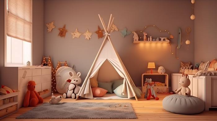 baby room with a tent and teddy bears etc