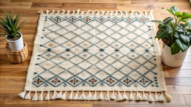 A Patterned Rug on floor with two plants on both sides