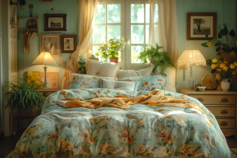  layers of throws, pillows, and drapes along with lamps in bedroom