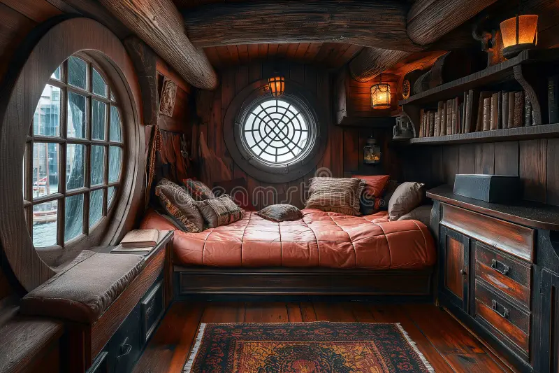 Interior of Captain Cabin Bedroom on Medieval Pirate Ship.
