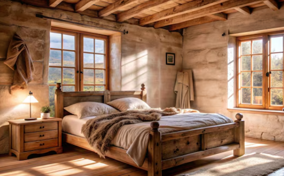 Wood panels envelop the back wall and ceiling