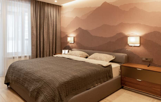 warm tones of wood with lighter colors of walls