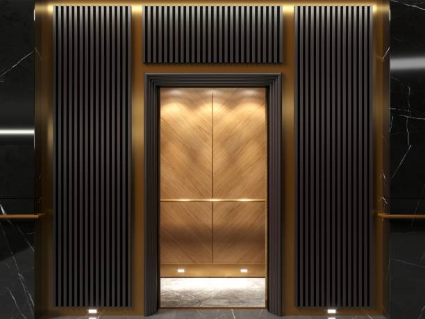 3d illustration. Modern elevator doors in art deco lobby