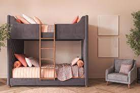 gray bunk bed with a stair