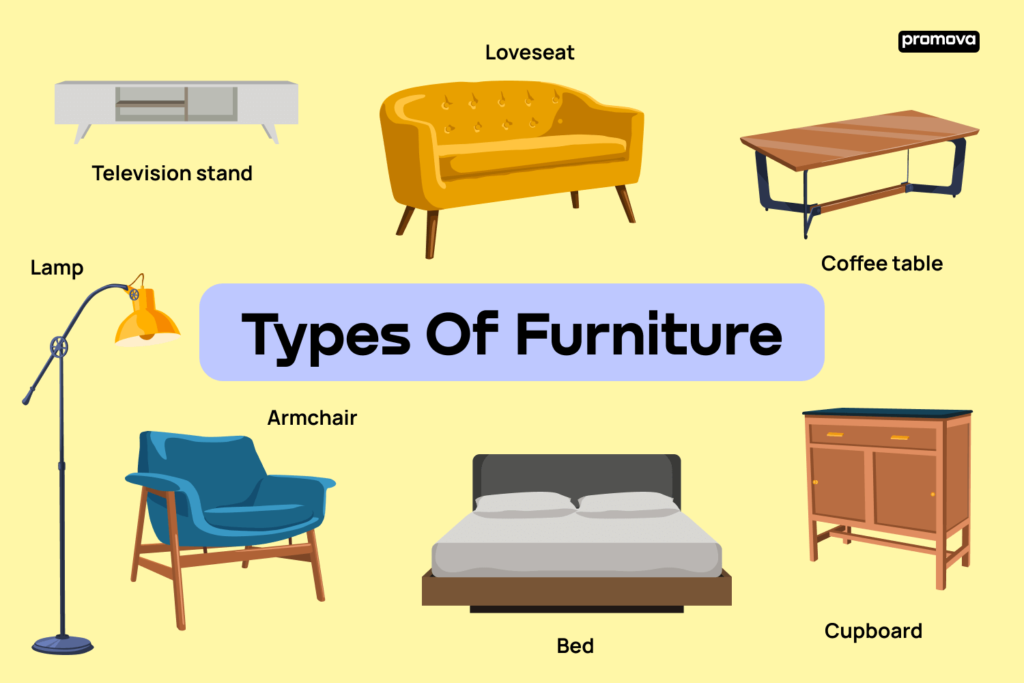 an illustration of common furniture like, bed, coffee table, lamp, wooden chair, metal stand, sofa etc