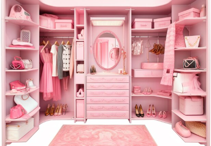 A close up of a pink closet with a mirror and a pink rug 