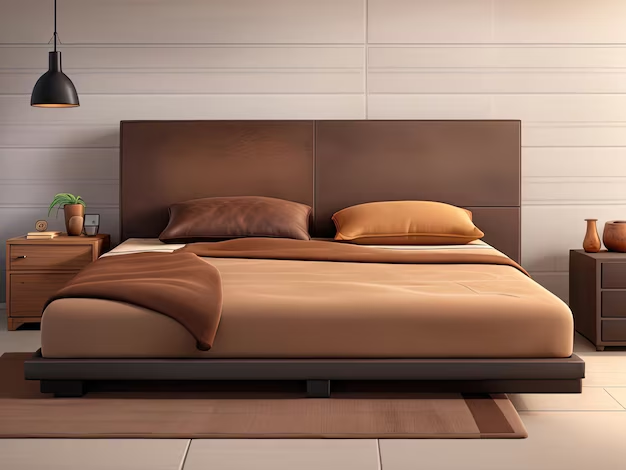 brown leather bed leaning against a concrete wall
