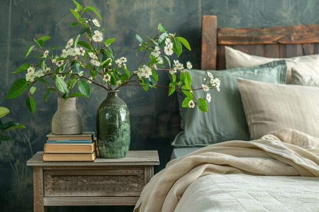 vases and books over nightstand